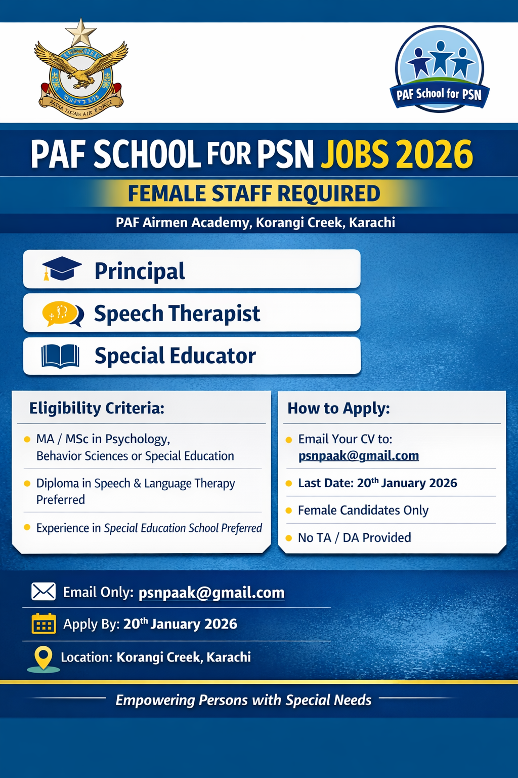 PAF School for PSN Jobs 2026 for Female Staff in Karachi
